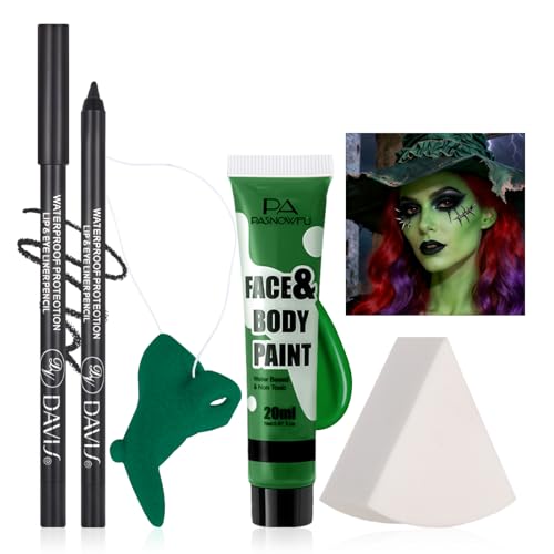 Halloween Makeup Kit for Witch, Complete SFX Costume Set with Green Face Paint, Witch Fake Nose, Water-Based Face Paint Set for Halloween Cosplay SFX Makeup, Costume Parties, Theater - color: Green