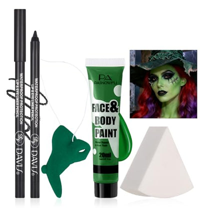 Halloween Makeup Kit for Witch, Complete SFX Costume Set with Green Face Paint, Witch Fake Nose, Water-Based Face Paint Set for Halloween Cosplay SFX Makeup, Costume Parties, Theater - color: Green