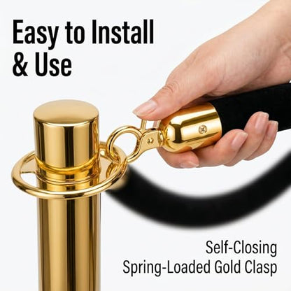 6-Pack Black Velvet Stanchion Ropes, 5ft Crowd Control Barrier with Gold Hooks for Events, Parties, Weddings, Hotels, Movie Theaters, Red Carpet Openings