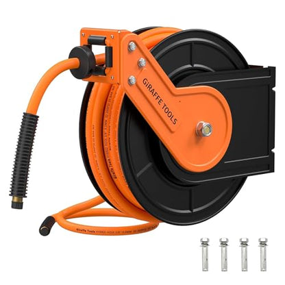 Giraffe Tools Retractable Air Hose Reel 50ft 3/8" Hybrid Hose Garage | All-weather Flexible -40°F to 150°F, 300 PSI Steel Frame, Wall/Ceiling Mount, Easy Install, for Home Garage Tire Inflation - size: 50ft