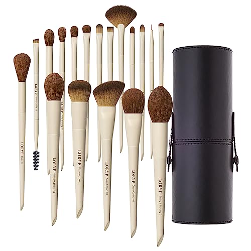 LORYP 18 Piece Makeup Brushes Set Labeled Face and Eye Brush Set Complete with Foundation, Concealer, Contour, Blending, Blush, Eyeshadow Brushes with Travel Holder Case - color: B-Khaki