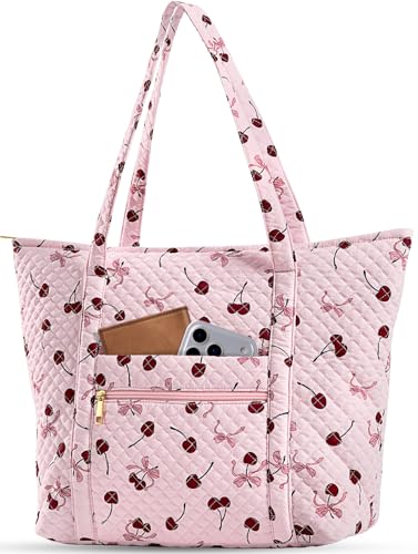 Miss Adola Quilted Shoulder Tote Bag with Zipper for Women | Multi-Pocket Storage, Quilted Cotton Texture, Large Capacity, Top Zipper Closure, 16 Inch Laptop Fit, Work Travel Teacher - color: Cherry Bow
