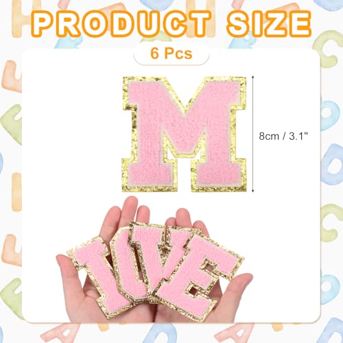 MECCANIXITY Chenille Letter Patches 3.1" Alphabet M Iron on Embroidered Patch Sew on Letter Stickers Applique for Repairing Clothing Jeans Shoes Hats DIY(Pink, Pack of 6) - style: Letter-M