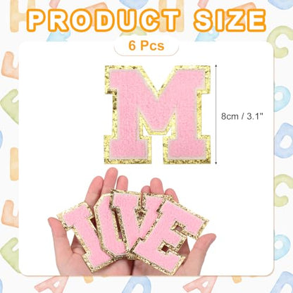 MECCANIXITY Chenille Letter Patches 3.1" Alphabet M Iron on Embroidered Patch Sew on Letter Stickers Applique for Repairing Clothing Jeans Shoes Hats DIY(Pink, Pack of 6) - style: Letter-M