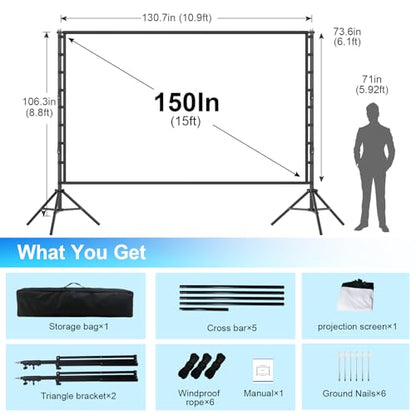 Outdoor Projector Screen and Stand,150-inch Indoor Portable Projection Screen,16:9 4K HD Wrinkle-Free Rear Front Movie Screen with Carry Bag for Backyard Movie Night RVing Home Theater