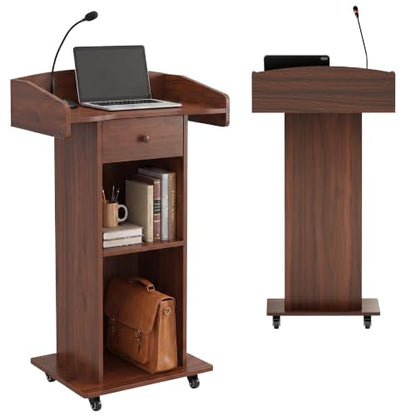 Portable Podium Stand with Metal Wheels, Rolling Podium with Drawer and Adjustable Shelf, Mobile Pulpit for Church, Wooden Lectern for Classroom Office Restaurant Conference (Brown) - color: Brown