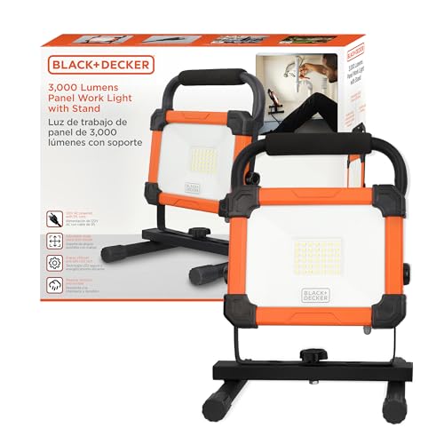 BLACK+DECKER LED Portable Work Light, 3000 LM LED Panel Flood Light, IP65 Waterproof, Shock Resistant, 120° Beam Angle, ETL Certified, Pivoting H-Stand, Tripod Compatible, Compact, 120V Plug