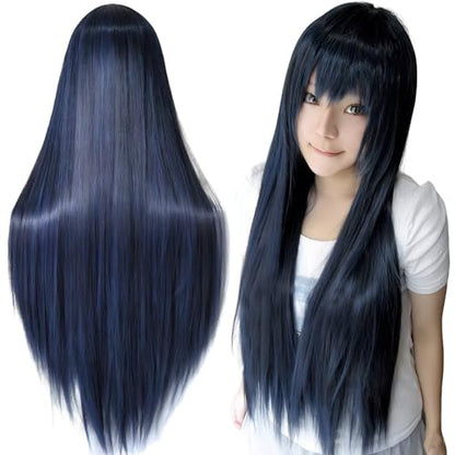 80cm Long Straight Natural Hair Cosplay Wigs with Bangs Colorful Halloween Costume Party Wig for Women (Dark Blue) - color: Dark Blue