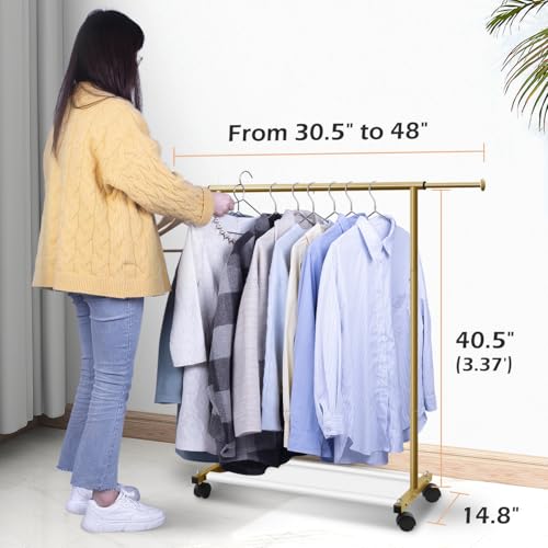 MISSLO Short Clothing Racks for Hanging Clothes with Bottom Shelves and Wheels Heavy Duty Rolling Clothes Rack Kids Clothing Rack for Adult Coat, Closet, Wardrobe (Gold) - color: Gold