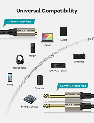 VIOY 3.5 mm TRS to Dual 1/4 Inch TS Audio Y Splitter Cable 6 FT | Dual shielding lossless Hi-Fi sound, nylon braided stereo cable, bidirectional stereo split for mixer and audio equipment - size: 6 ft
