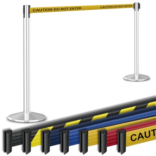 Commercial-Grade Stanchion 2-Pack by Visiontron – RETRACTA-Belt Prime (Model P100PS1) 10’ Retractable Belt Barrier - Heavy Base Crowd Control Barrier (Polished Stainless Steel w/Caution Belt) | Commercial Grade Retractable Belt Stanchions, PRIME, Cement B