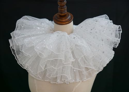 Renaissance Victorian Ruffle Collar and Wrist Cuffs Set Clown Neck Collar Layered Tulle Collar Cuffs - color: White
