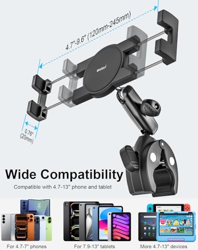 Metal iPad Tablet Mount for Boat Helm, Marine, Wheelchair, Golf Cart, Stroller, Treadmill, Spin Bike, Bicycle, Mic Stand - 360° Adjustable Handlebar Clamp for 4-13" iPad Pro, Air, Mini, Galaxy, iPhone