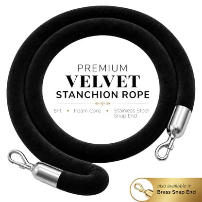 CCW 6 Ft Blue Velvet Hanging Stanchion Rope, Stainless Steel Snaps - color: Blue Rope With Polished Stainless Steel Snap Ends, size: 6 Foot