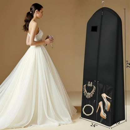 72" Long Wedding Dress Garment Bag with 10" Gusset, Bridal Gown Storage Cover with 4 Pockets, Dress Bag for Women Gowns,Prom,Ballgowns, (Black and Clear) - color: Black and Clear