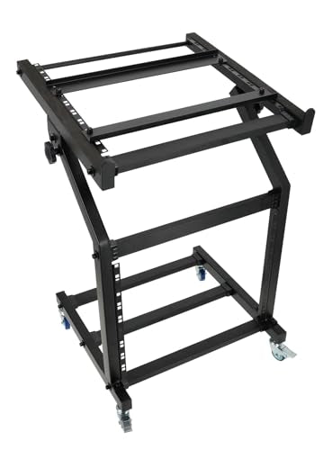Rockville RLM9U Rolling Rack Stand, 9U Vertical + 10U Top, Adjustable Angle Shelf and Crossbar Platform, Studio & Stage Audio Cart