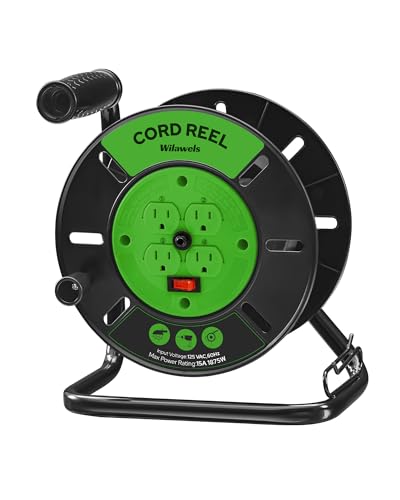 Extension Cord Storage Reel with 4-Grounded Outlets, 15A Circuit Breaker, Heavy Duty Open Cord Reel for 12/3,14/3,16/3 Gauge Power Cord, Hand Wind Retractable, ETL Listed, Green J95CR06 - color: Green