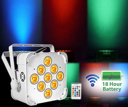 Rockville Best PAR 60 White RGBWA+UV Wash Light Pair Bundle with RLB40 Bag | Up to 18-Hour Rechargeable Battery, 13200 mAh, Wireless DMX, 9x6W LEDs, 6500 Lux, Remote, Flicker Free, Travel Bag, 3-Items