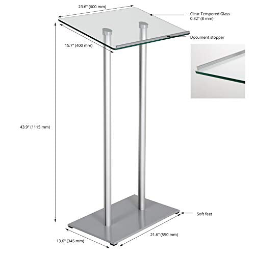 M&T Displays Tempered Clear Glass Conference Podium Stand Silver Aluminum Body and Base 43.9 Inch Height Floor Standing Lectern Pulpit Desk for Classroom Church - color: Silver