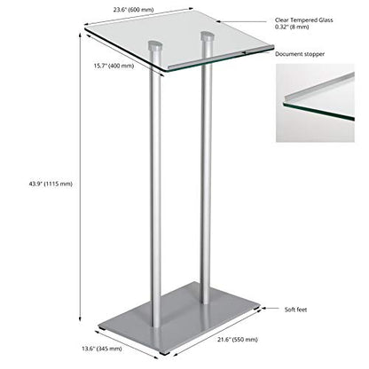 M&T Displays Tempered Clear Glass Conference Podium Stand Silver Aluminum Body and Base 43.9 Inch Height Floor Standing Lectern Pulpit Desk for Classroom Church - color: Silver