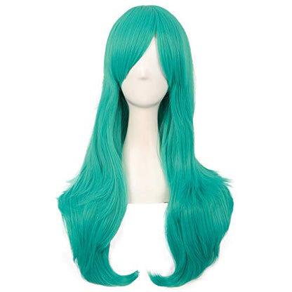 MapofBeauty 28 Inch Long Curly Hair Costume Cosplay Wig, Teal Green | 70 cm Wig, Women, Side Bangs, Fashion - color: Light Sea Green