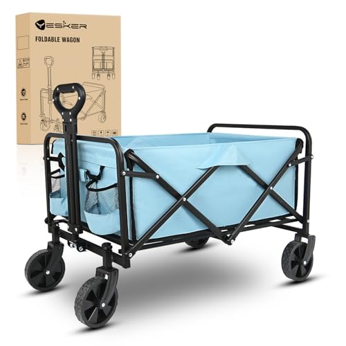 Yesker Foldable Wagon - 220lbs Collapsible Garden Carts with All Terrain Wheels for Outdoor Camping Sports Shopping Gardening - Heavy Duty Portable Utility Trolley (Blue) - color: Blue, size: 27*18*17"