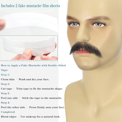 Hand-Tied Human Hair Fake Beard and Mustache for Costumes and Theater | Hand-knotted human hair on lightweight lace creates natural-looking facial hair for costumes, cosplay, theater and film - color: Style 2--black