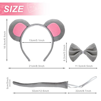 3Pcs Mouse Ears Headband Costume Accessories Set, Grey Rat Ears Headband, Bow Tie and Rat Tail Animal Fancy Dress for Women Men Halloween Christmas Cosplay Party Supplies