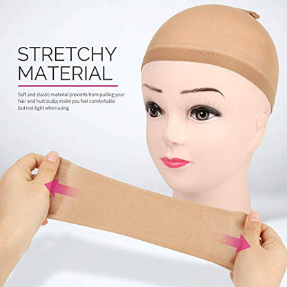 Hoedia 2 PCS Latex Bald Caps Halloween and 2 PCS Nylon Wig Caps Set | Bald Head Wig Cap for Adults Women Men, Cosplay Costume Accessories for Halloween Makeup Party - color: Beige