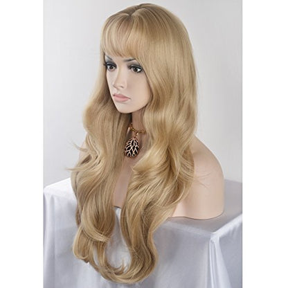 BERON 26 Inches Blonde Wig Long Wavy Wig Ash Blonde Wigs with Bangs for Women Gold Blonde Synthetic Wigs with Hairnet - color: Dust Blonde, size: Long