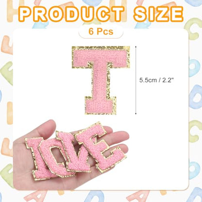MECCANIXITY Chenille Letter Patches 2.2" Self Adhesive Alphabet T Stick on Embroidered Patch Sew on Letter Stickers Applique for Repairing Clothing Jeans Shoes Hats DIY(Pink, Pack of 6) - style: Letter-T