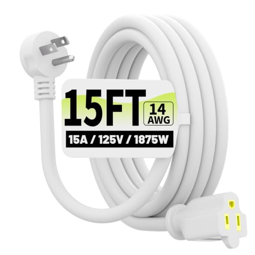 Vockjour 15 FT 14 Gauge Low Profile Flat Plug Extension Cord White - color: White, size: 15FT
