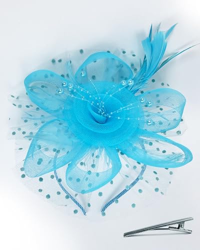 Fascinator Tea Party Hat Women 20s 50s Wedding Cocktail Flower Mesh Feathers Hair Clip for Carnival Halloween - color: A-lake Blue
