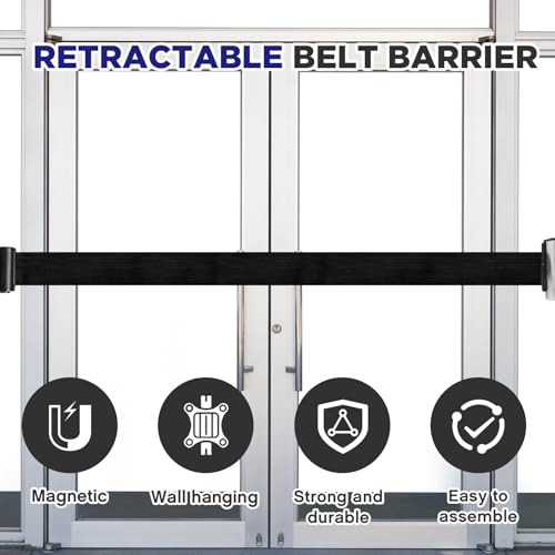 2 Pcs Retractable Belt Barrier Wall Mount Magnetic Retractable Wall Barrier with Stainless Steel Case for Grocery Retail Store Stadium (Black)