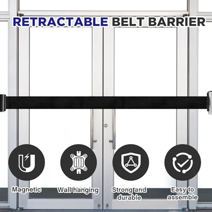 2 Pcs Retractable Belt Barrier Wall Mount Magnetic Retractable Wall Barrier with Stainless Steel Case for Grocery Retail Store Stadium (Black)