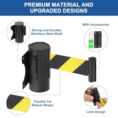 MECCANIXITY Fixed Wall Mount Retractable Belt Barrier, 9.84 ft Fixed Crowd Control Retractable Belts for Queue Black Yellow Diagonal Stripe Belt with Black ABS Case Pack of 4 - color: Black Yellow Stripe, size: 9.84 ft