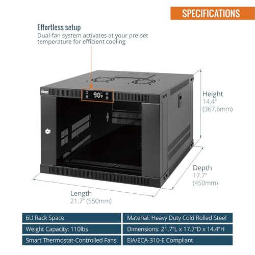 Tecmojo 6U Wall Mount Rack with Thermostat, 17.7inch Depth Enclosed Server Cabinet with 2 Cooling Fans,Lockable Door & Hardware,6U Rack for 19inch Equipments,Glass Door - size: 6U with Thermostat