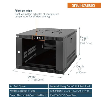 Tecmojo 6U Wall Mount Rack with Thermostat, 17.7inch Depth Enclosed Server Cabinet with 2 Cooling Fans,Lockable Door & Hardware,6U Rack for 19inch Equipments,Glass Door - size: 6U with Thermostat
