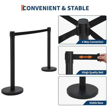 Crowd Control Stanchion Set, Black Stanchions with 6.6 ft Retractable Belts, Crowd Control Barriers, 2 Pack