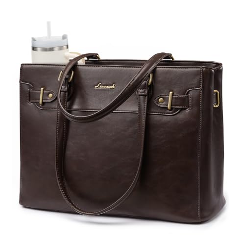 LOVEVOOK Laptop Tote Bag for Women Work, Teacher Tote Bag with Large Cup Holder, Waterproof Leather Computer Bag - color: Dark Brown, size: 15.6 inch