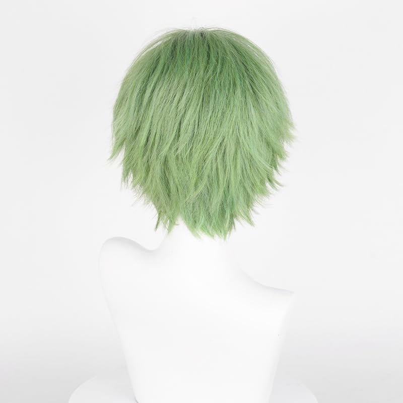 LABEAUTÉ Short Gray Green Anime Cosplay Wig Male Men Anime Layered Unisex Heat Resistant Hair Wig with Bangs for Party and Halloween for Gift + Free Cap - color: Gray Green F41