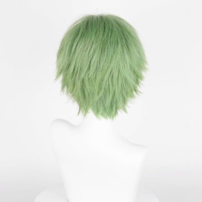 LABEAUTÉ Short Gray Green Anime Cosplay Wig Male Men Anime Layered Unisex Heat Resistant Hair Wig with Bangs for Party and Halloween for Gift + Free Cap - color: Gray Green F41