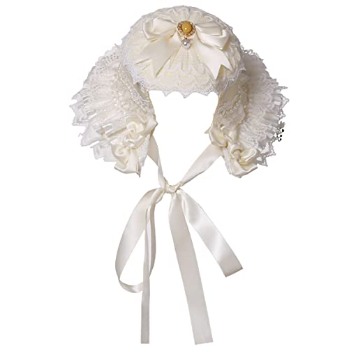 COSDREAMER Girls Women Victorian Bonnets Lace Flowers Tea Party Hats - color: White