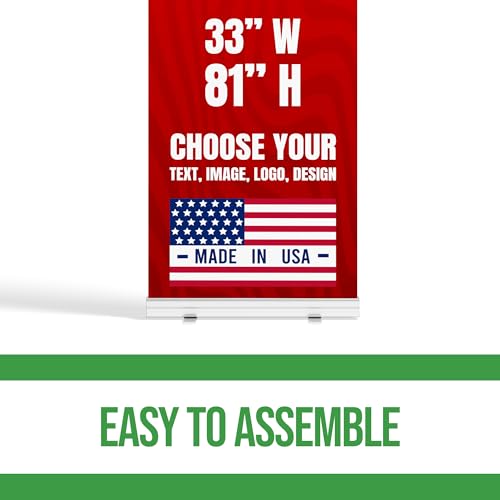Custom vertical banner stand by Custom Boss retractable stand USA Made | Custom pop up banner stand 33x81 for trade show display, vendor booth display and grand opening banner, adjustable base - color: Retractable Banner