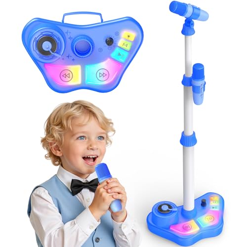 Stand Karaoke Machine Toy for Kids Ages 3-5 4-6 5-7 Birthday Gifts for 3 4 5 6 7 8 Year Old Boy, Kid Rechargeable Karaoke Microphone with 2 Wireless Mics, Bluetooth Speaker Toddlers Boys Party Toys - color: Blue