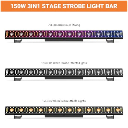 Battery Powered 150W 240LED Stage Wash Light Bar for DJ Party | 2.4G Wireless DMX512 & Remote Control, RGB Strip White Strobe & Warm Beam Effects, For Wedding, Live Music Venues, Club Event