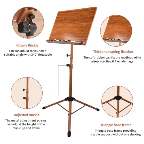 Sheet Music Stand - Portable Music Stand with Carrying Bag, Made of Wooden and Metal Build, Bamboo Conductor Podium Lectern Metal Stand Foldable with Adjustable Height & Angle for Home or Studio