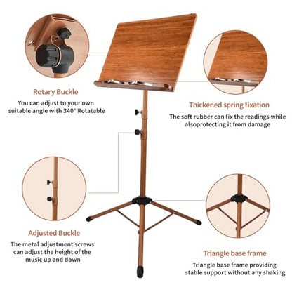 Sheet Music Stand - Portable Music Stand with Carrying Bag, Made of Wooden and Metal Build, Bamboo Conductor Podium Lectern Metal Stand Foldable with Adjustable Height & Angle for Home or Studio