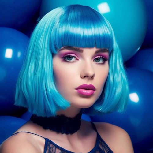 LIULIUBTY Short Bob Hair Wigs Straight with Flat Bangs Synthetic Colorful Cosplay Daily Party Neon Wig for Women with Wig Cap 12" Natural As Real (Teal Blue) - color: Teal Blue