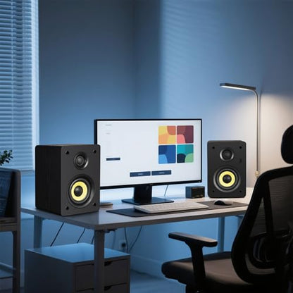 Sanyun SW206 80W 2.0 Active Bookshelf Speakers, Dual-Mode Creator & Music | 4" Carbon Fiber + 25mm Silk Dome, 24bit DAC, 6.35mm TRS Balanced + (Optical/Coaxial/AUX/USB/BT) Inputs, MDF, (Pair, Black) - color: Black
